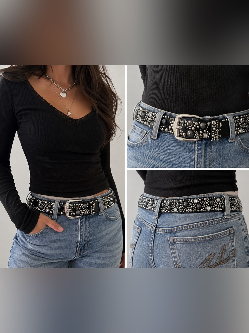 Streets Ahead Studded Rhinestone Leather Belt Black Silver USA Size Large